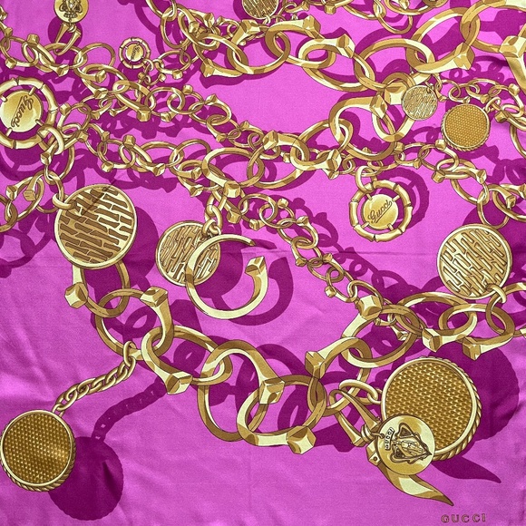 Gucci Logo Chains Hot Pink Gold Silk Twill Scarf with Gift Gucci Box - Picture 8 of 14